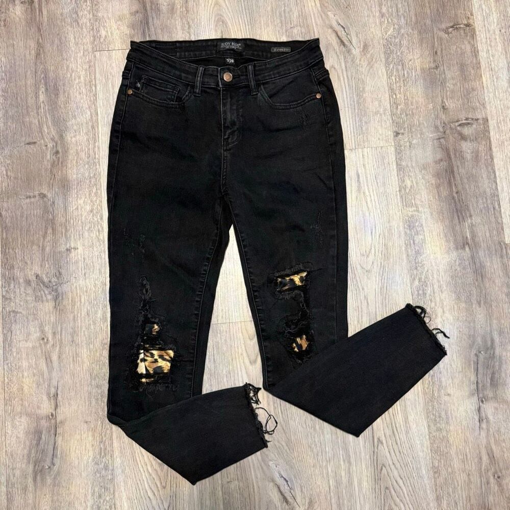 Judy Blue Jeans Womens Size 7/28 Black Distressed Leopard Raw Hem Skinny Stretch